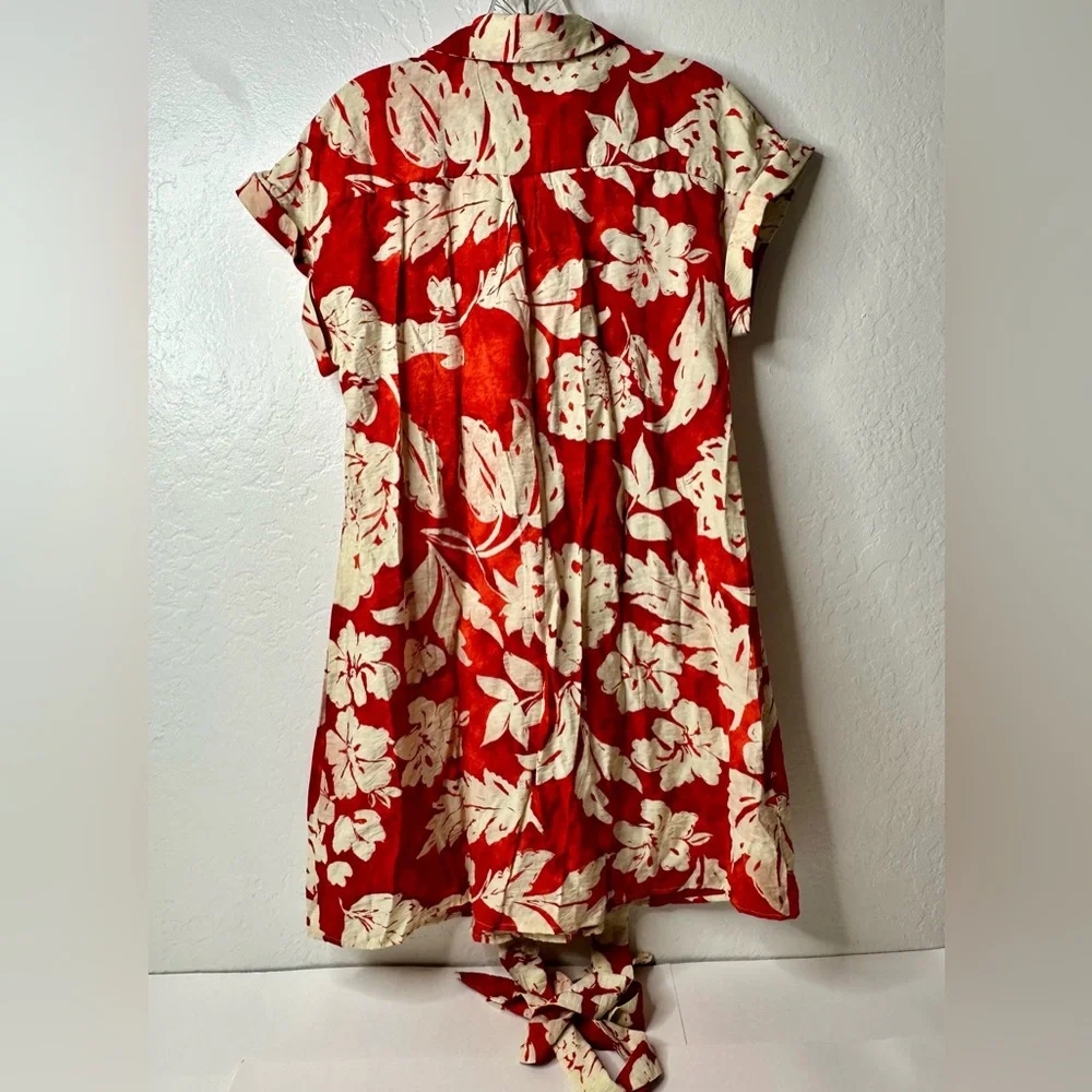 Mango Floral Shirt Dress Women’s Size Small Red Beige Bow Button Up Collared New